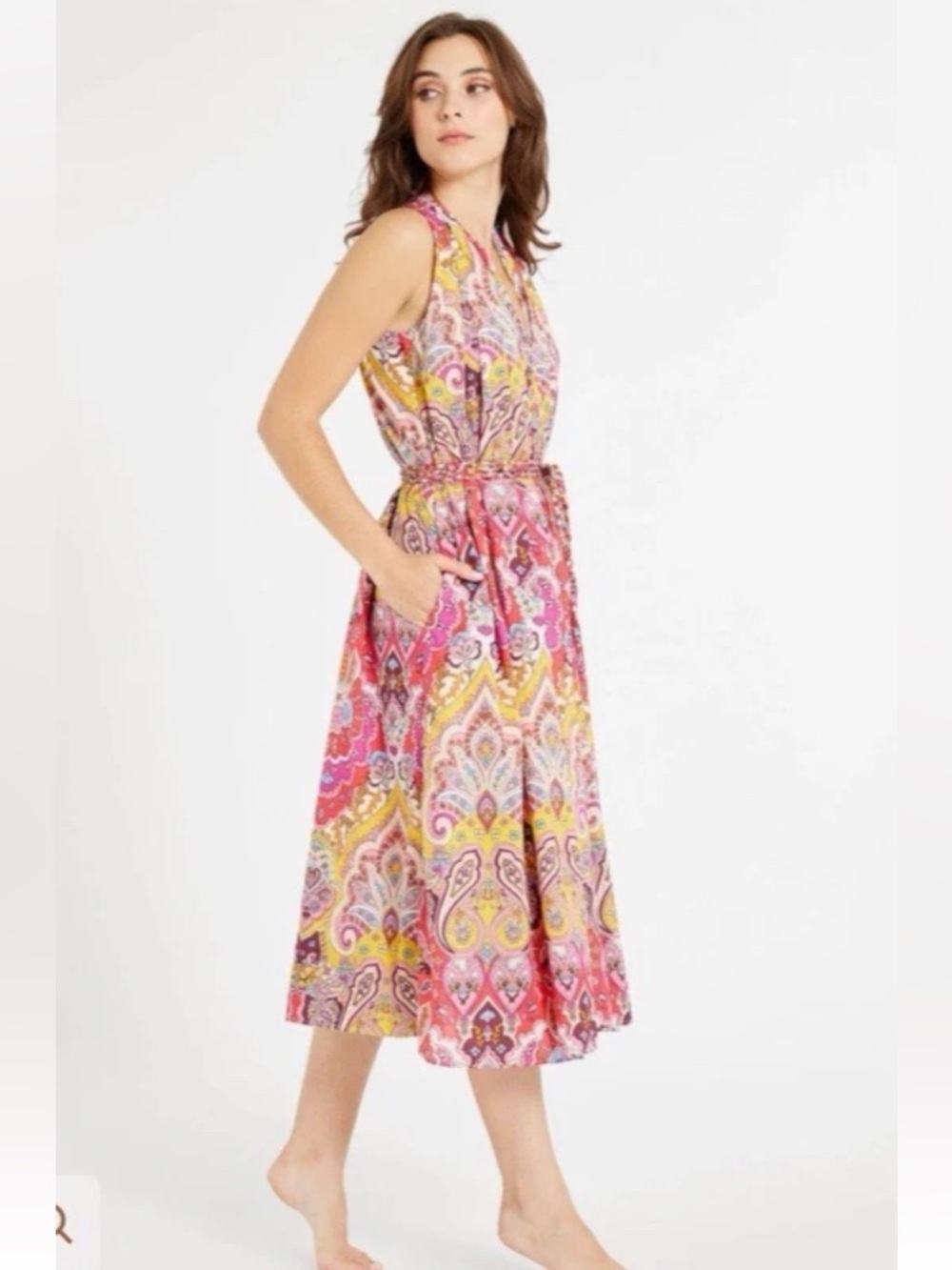 Millie Paisley-Print Pink & Yellow Midi Dress with Tie Waist Size Medium